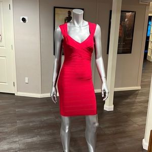 Red Herve Leger wrap dress